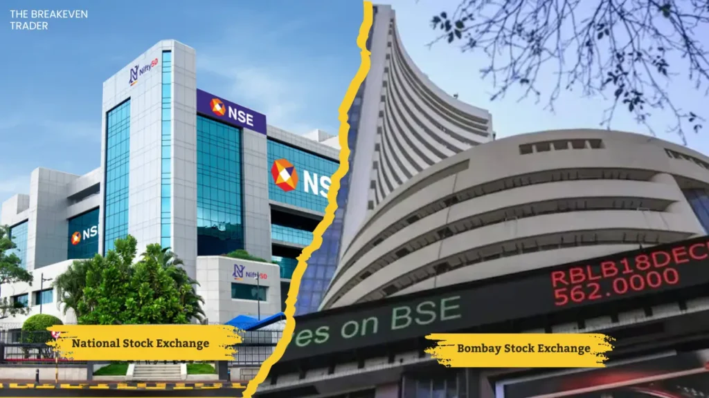 Types of trading markets: National Stock Exchange (NSE) and Bombay Stock Exchange (BSE) buildings in India