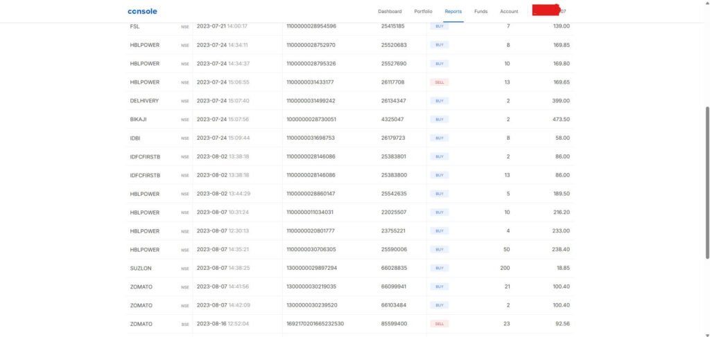 HBL Power Stock Trade History Zerodha Console