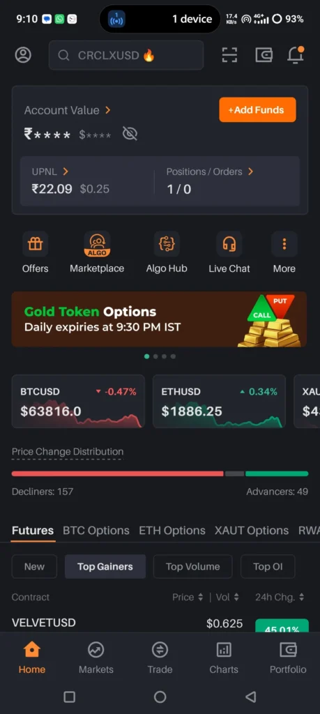 Delta Exchange India Mobile App Interface and Features Dashboard