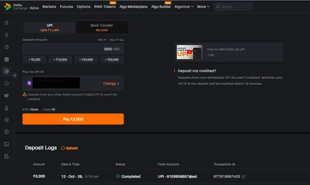 Delta Exchange me INR kaise deposit kare लाइव प्रूफ