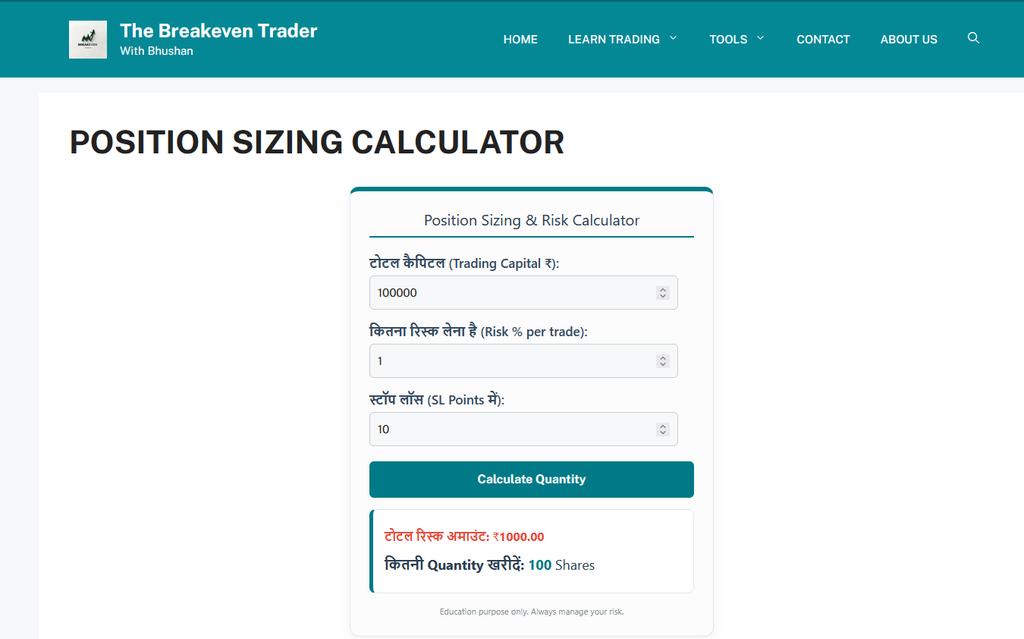 Position Sizing Calculator by The Breakeven Trader