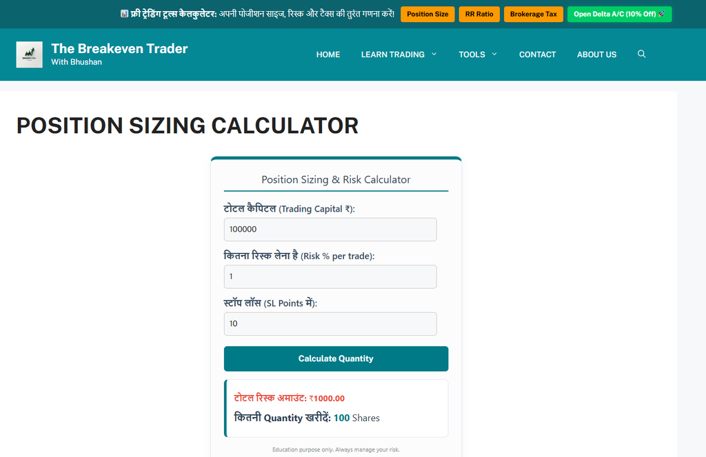 Position Sizing Calculator by The Breakeven Trader