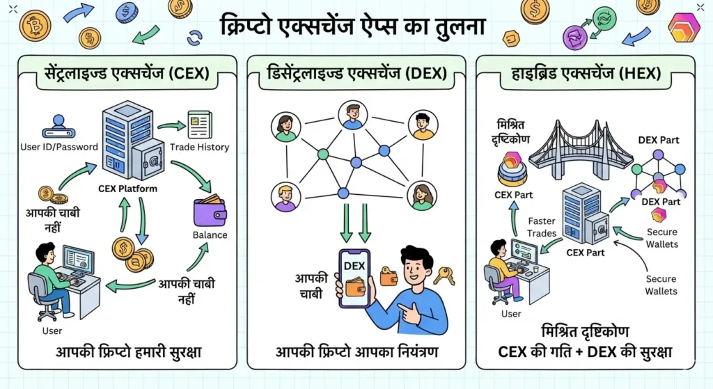 types of crypto trading apps CEX vs DEX in hindi
